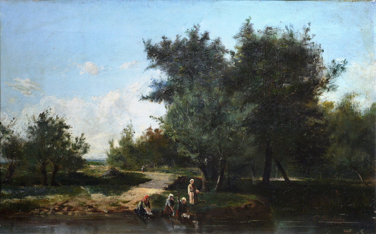 Laundresses on River 19th century Barbizonian Landscape by French Master