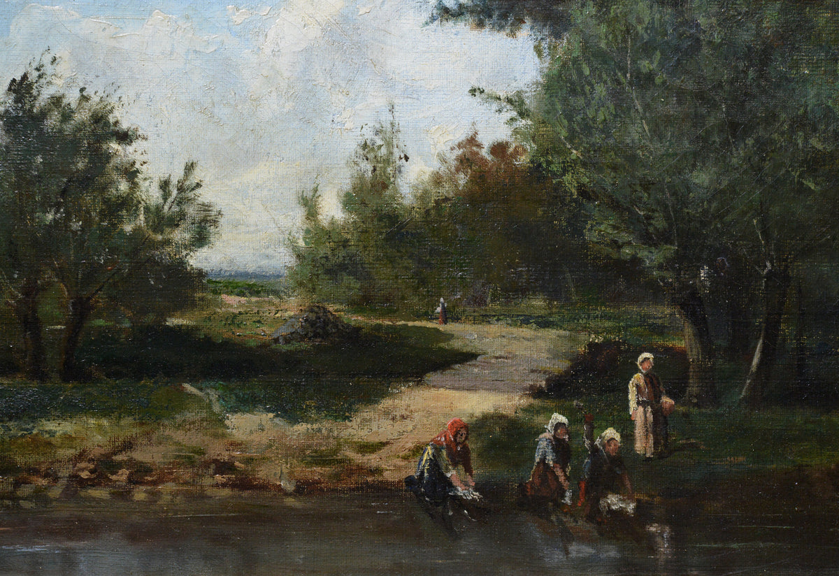 Laundresses on River 19th century Barbizonian Landscape by French Master