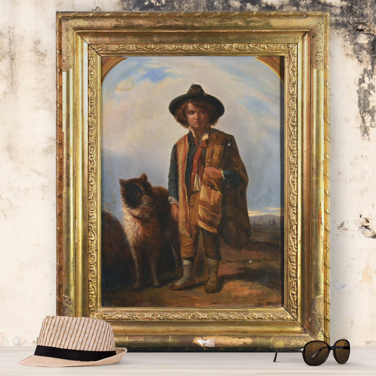 Portrait of Shepherd Boy with Dog late 19th Century Framed Oil Painting