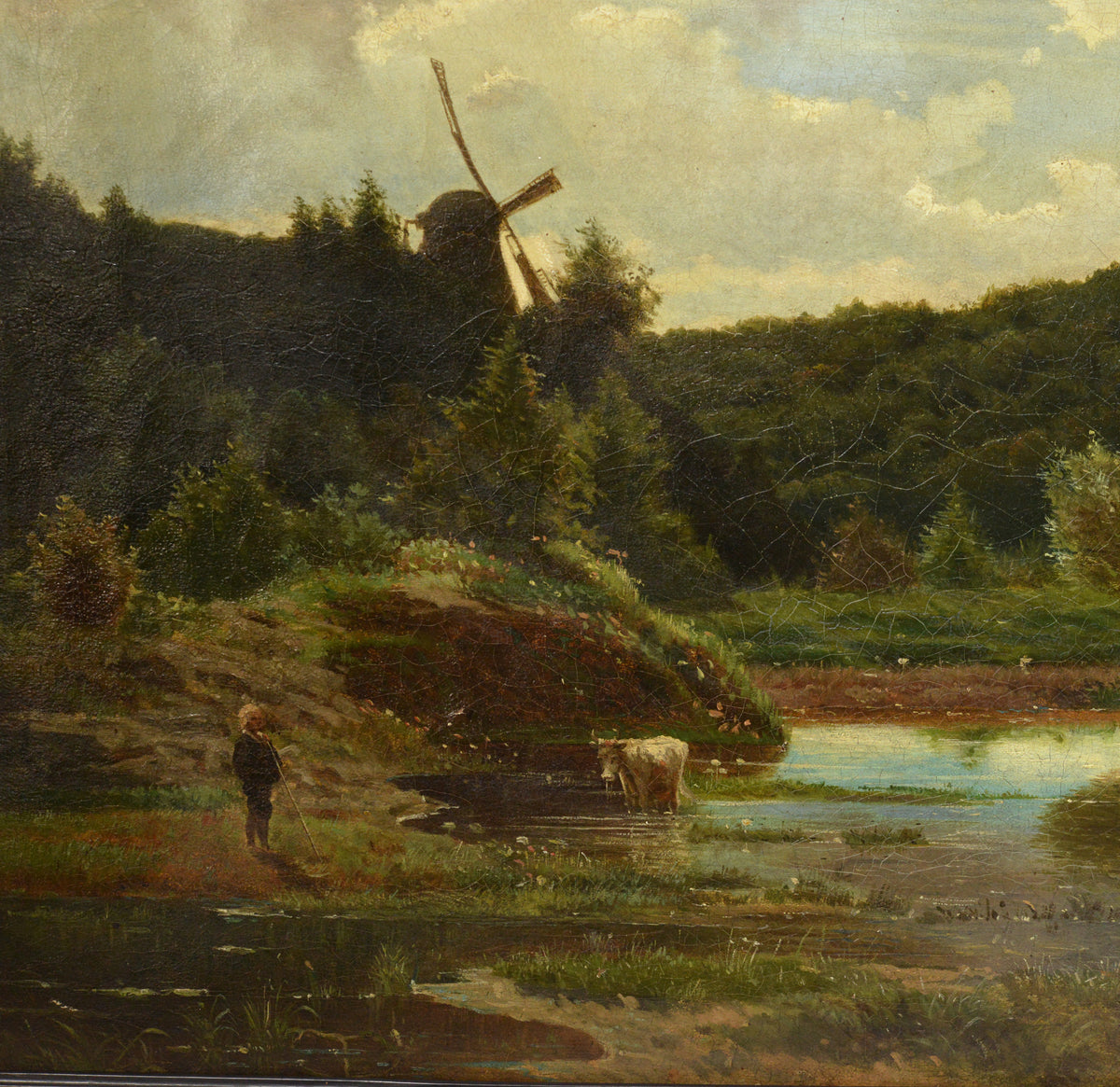 Antique 19th Century Norwegian Artists Oil Painting Pastoral Windmill Shepherd