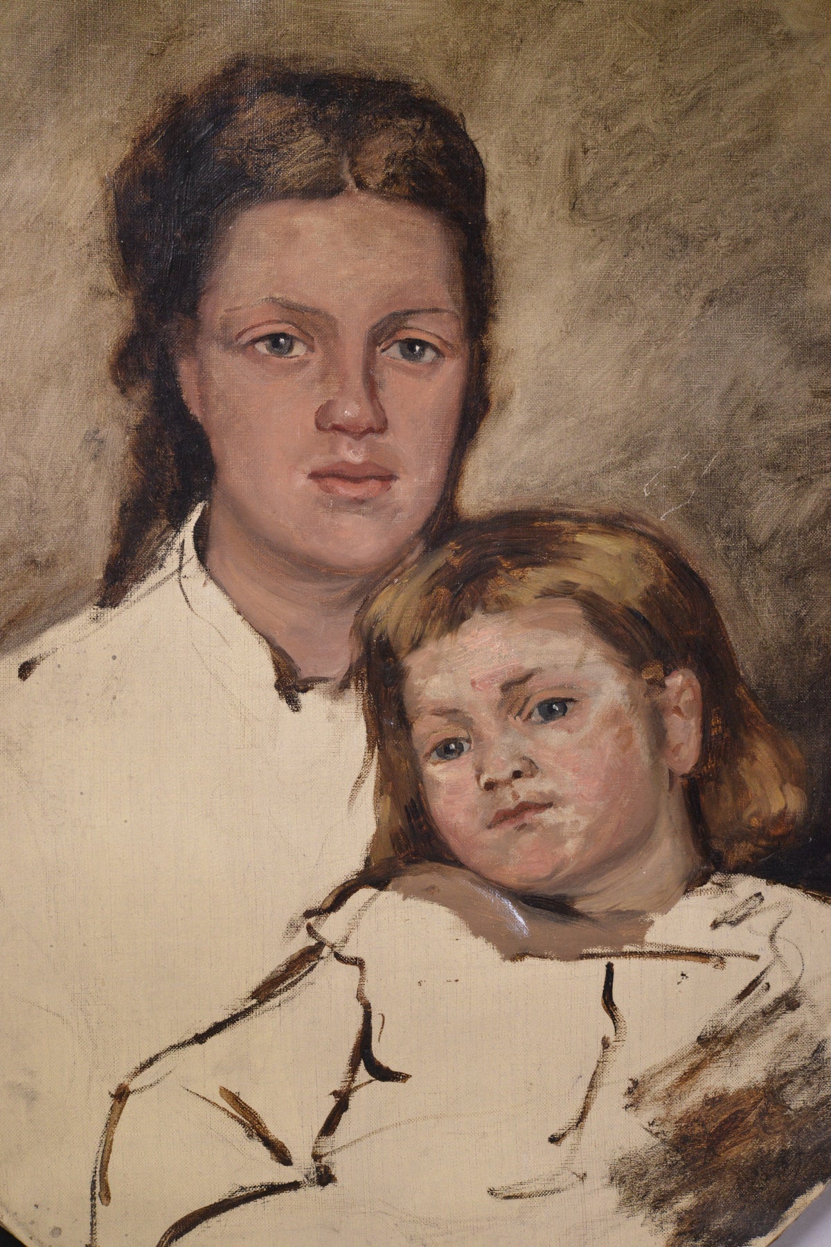 Oval Portrait of Mother and Daughter early 20 century Scandinavian Oil Painting