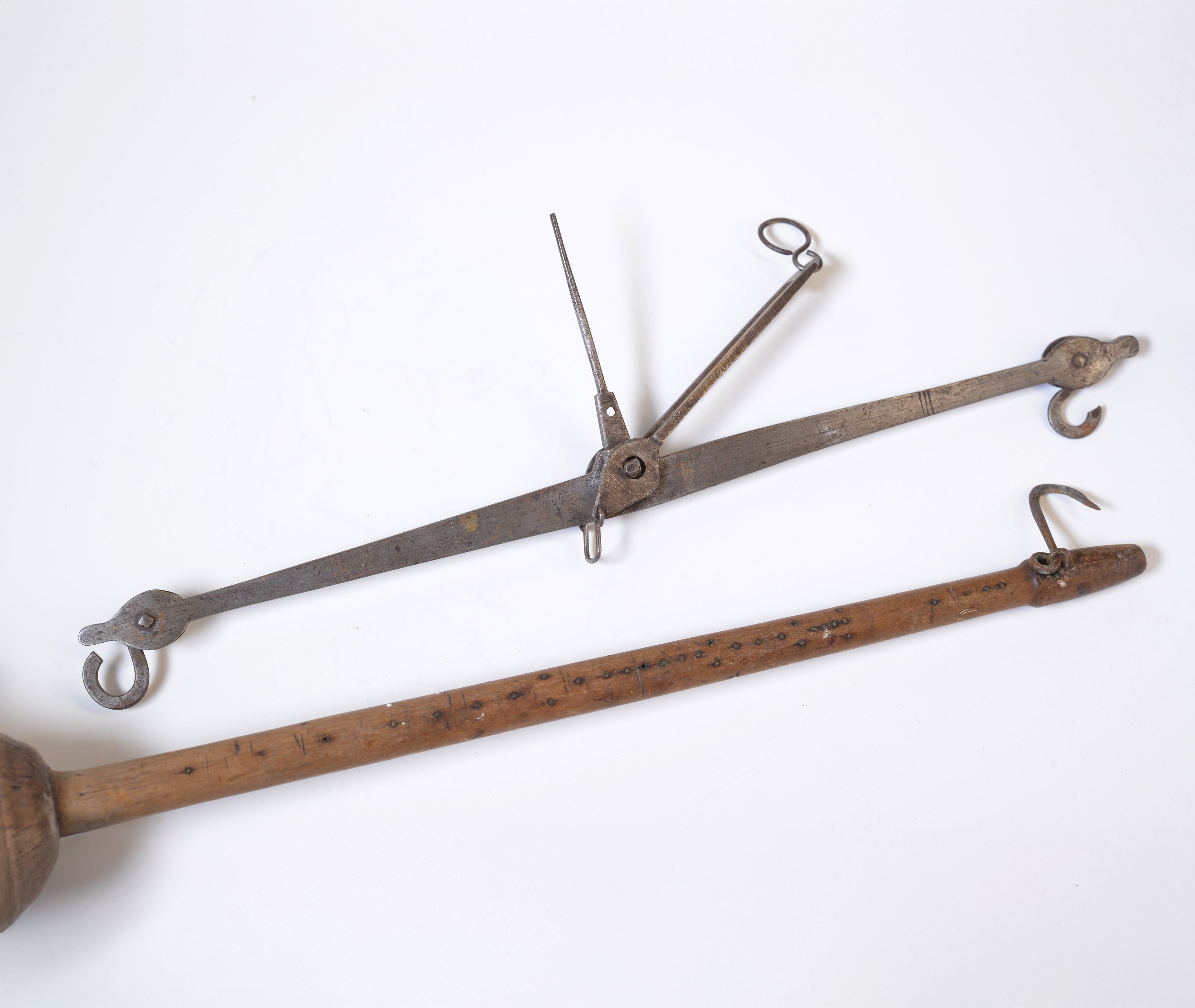 18th Century Antique Hand Forged Steelyard Balance Scale with Birch Bu ...