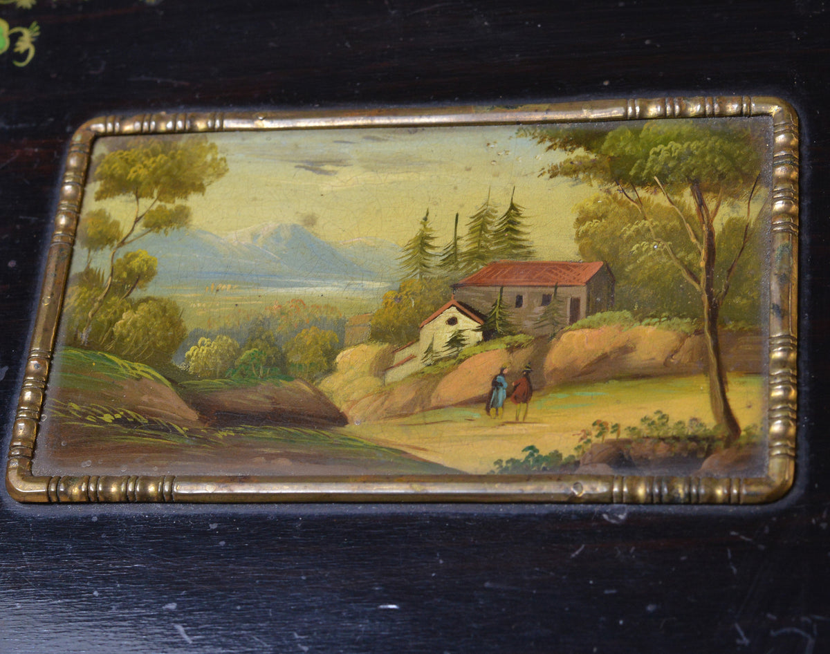 Antique Tea Caddy Wood Box with Miniature Oil Painting 19th century