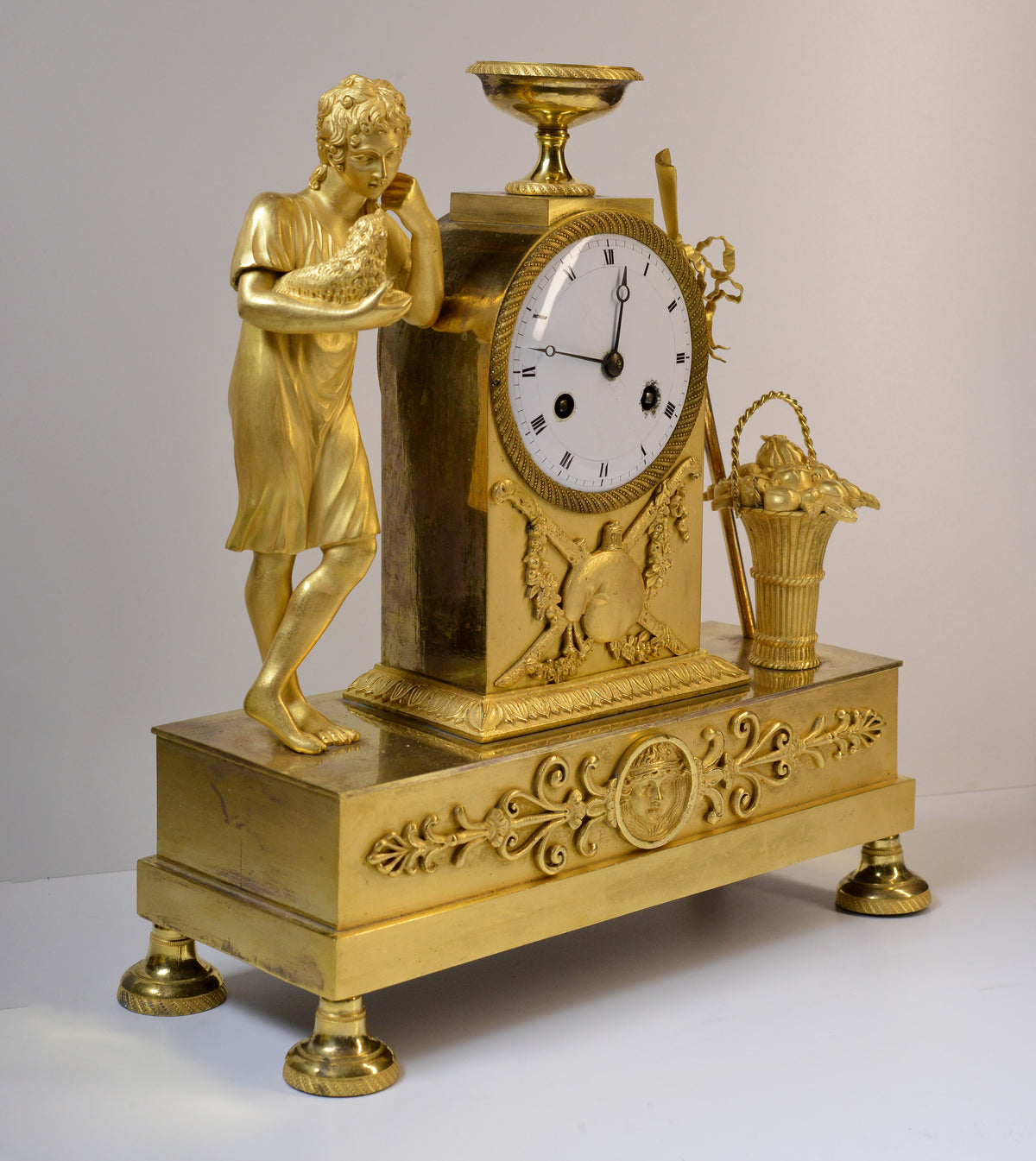 French Antique Gilt Bronze Figural Empire Clock early 19th century