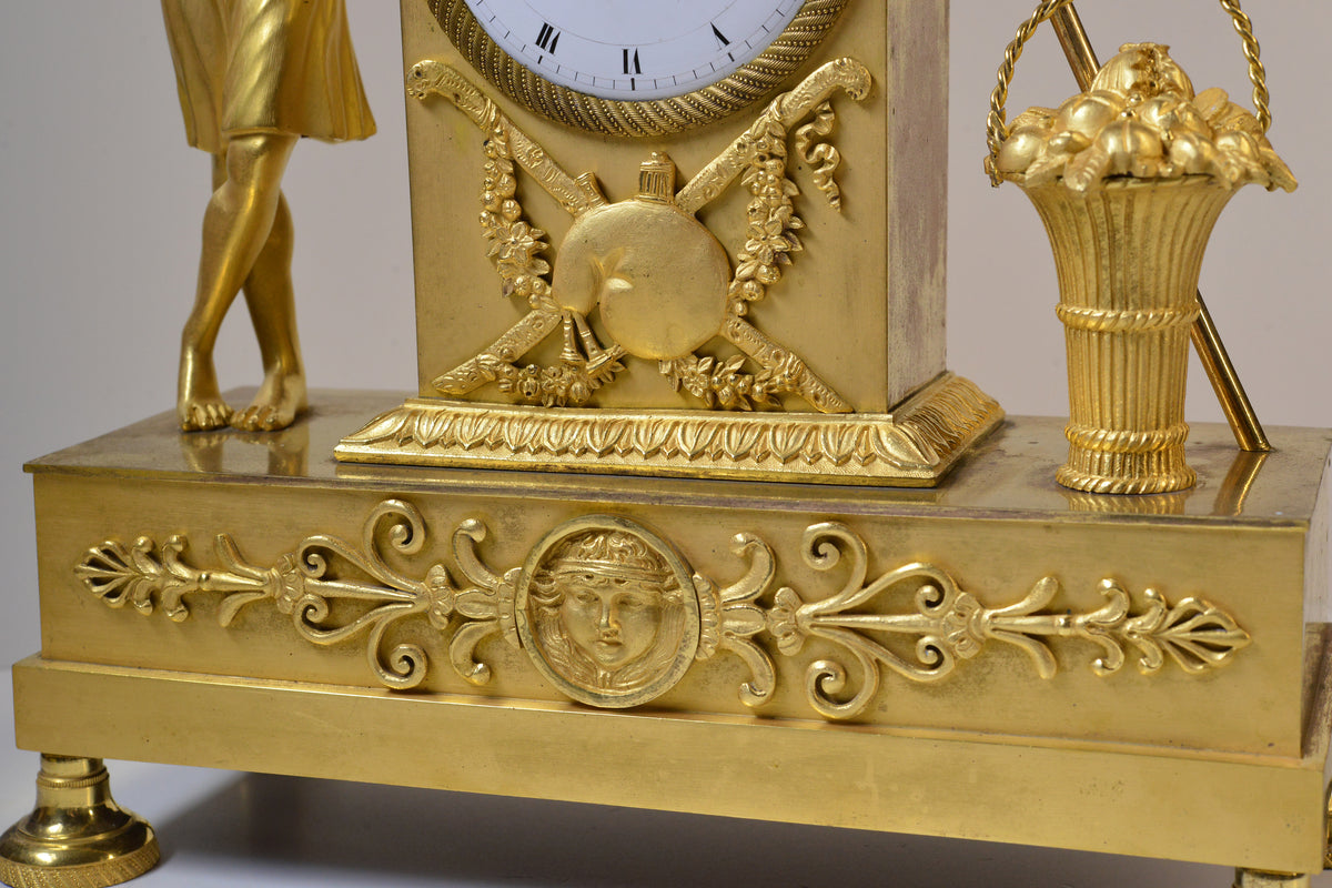 French Antique Gilt Bronze Figural Empire Clock early 19th century