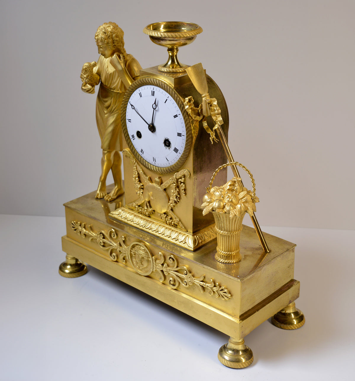 French Antique Gilt Bronze Figural Empire Clock early 19th century