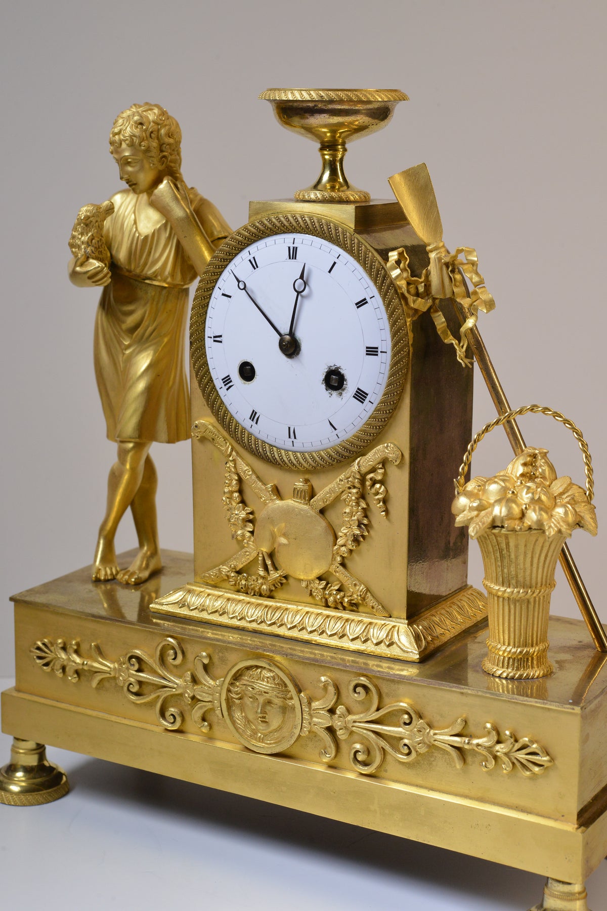 French Antique Gilt Bronze Figural Empire Clock early 19th century