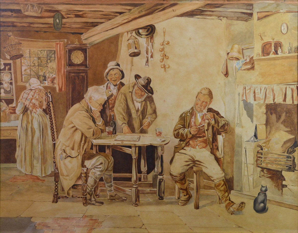 Draught Players Large Interior Genre Scene 19th century Irish Watercolor Painting