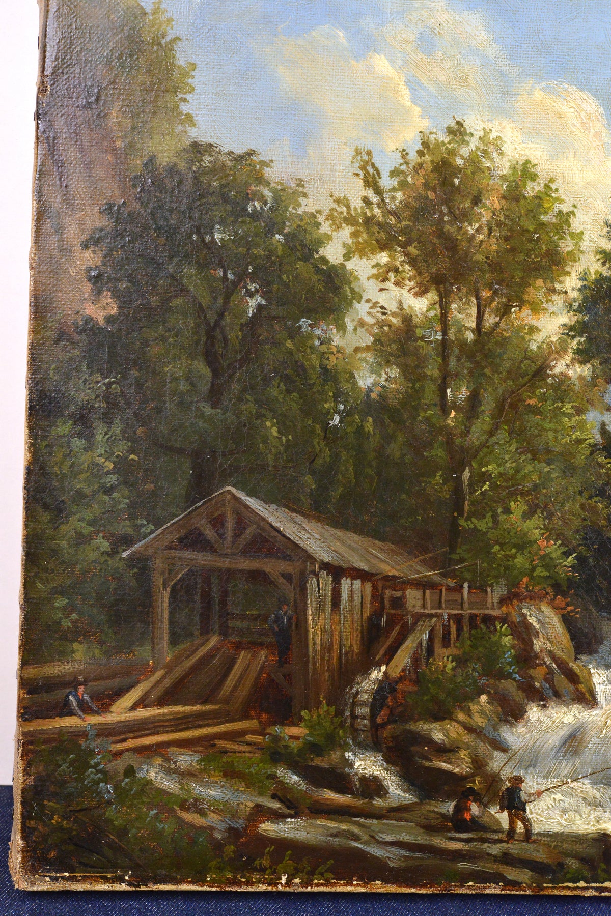 Alpine Landscape with Fishing in Rapids and Watermill 19th Century Oil Painting