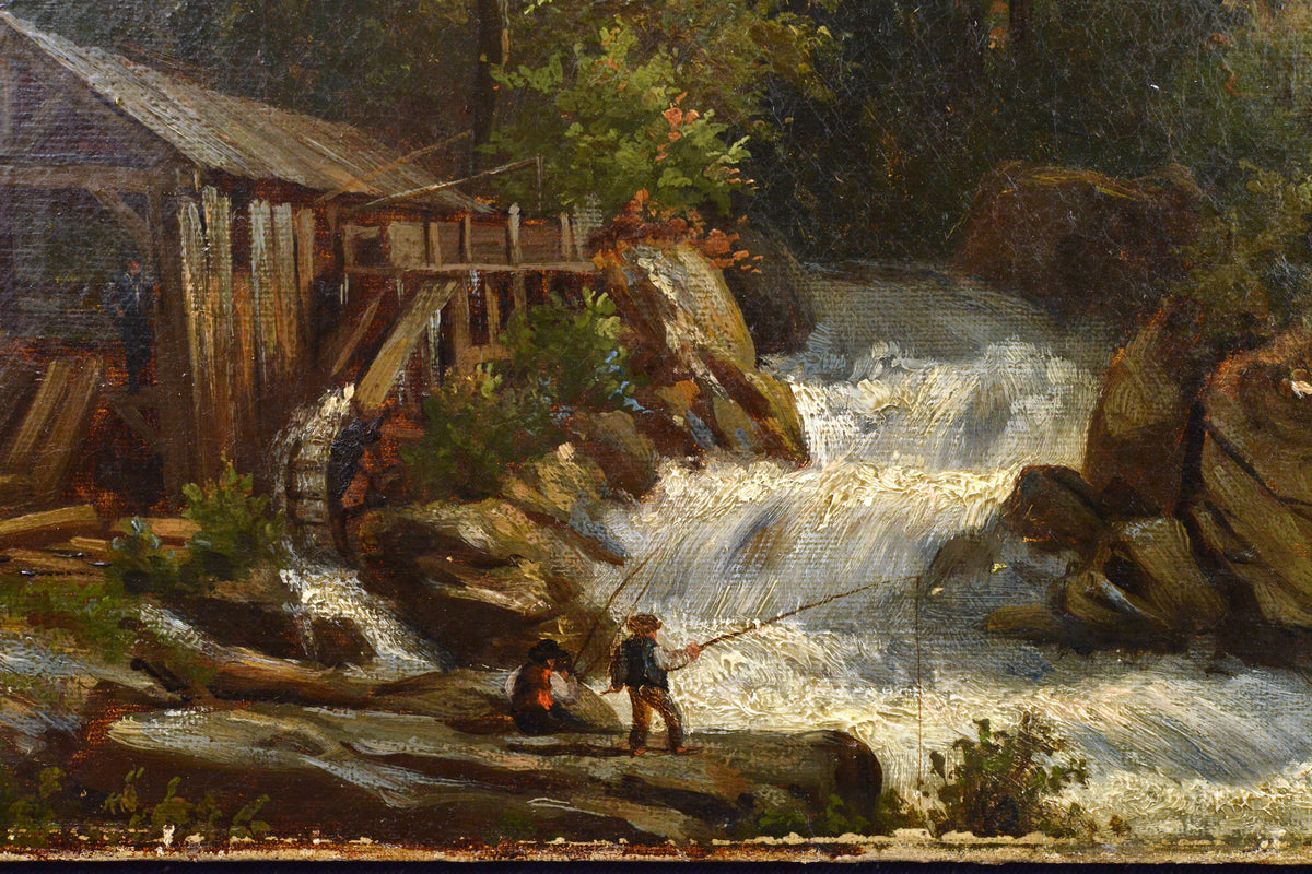 Alpine Landscape with Fishing in Rapids and Watermill 19th Century Oil Painting