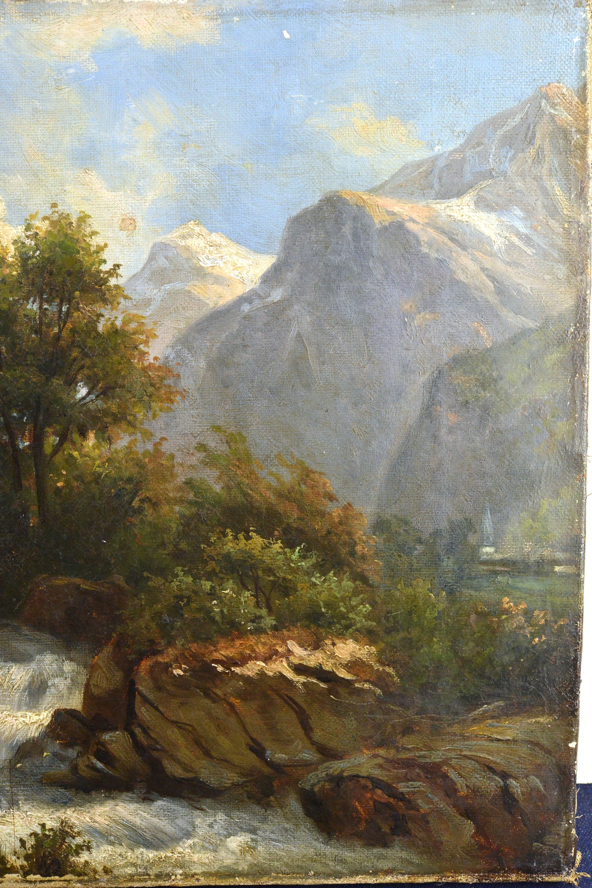 Alpine Landscape with Fishing in Rapids and Watermill 19th Century Oil Painting