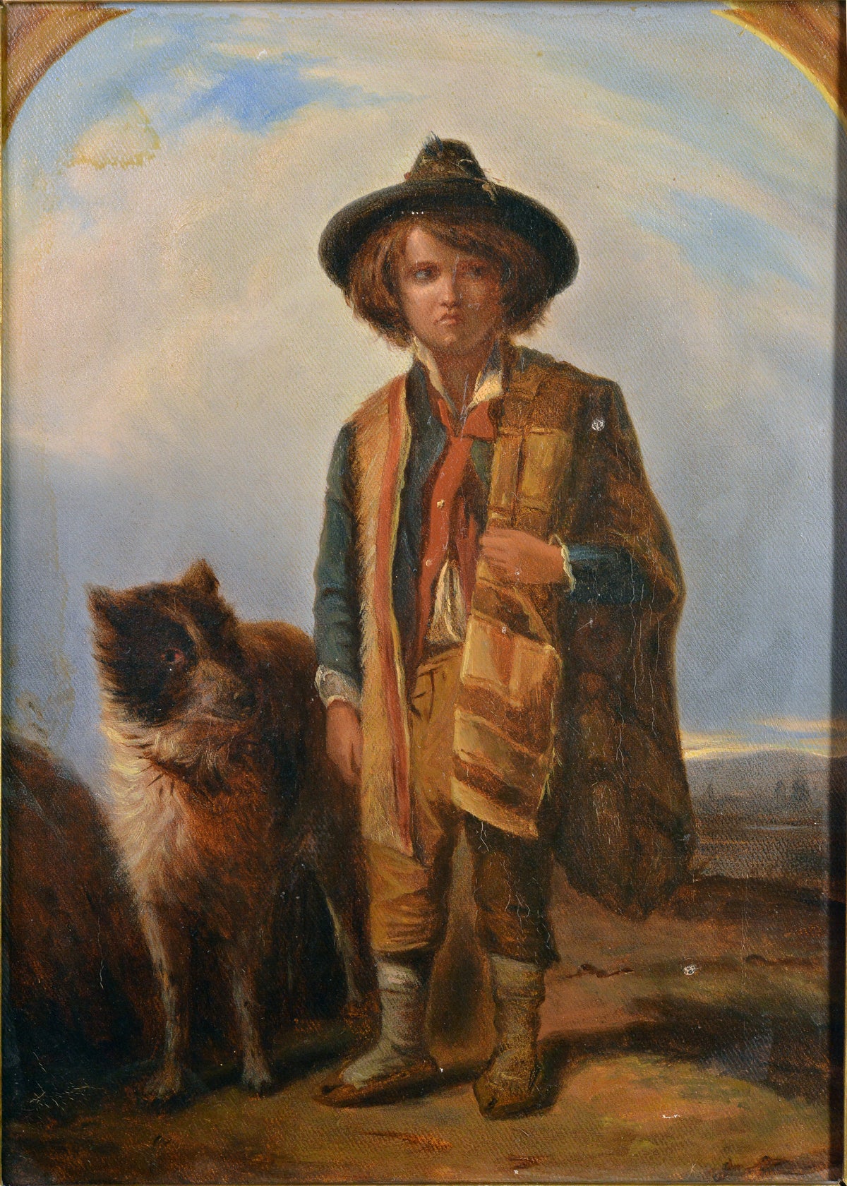 Portrait of Shepherd Boy with Dog late 19th Century Framed Oil Painting