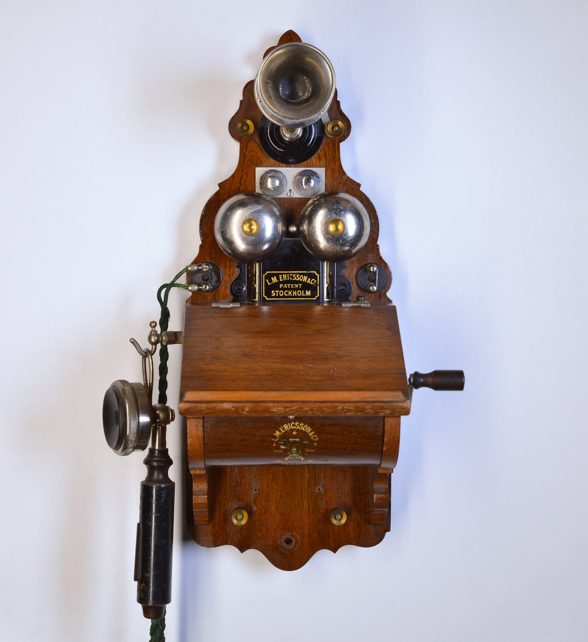 Antique Swedish Wooden Wall Telephone L.M. Ericsson model 305 Crank Magneto 1918