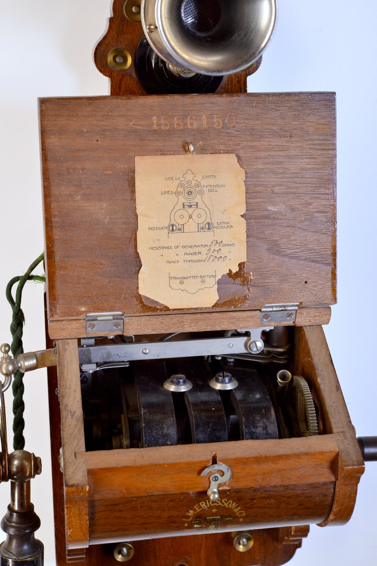 Antique Swedish Wooden Wall Telephone L.M. Ericsson model 305 Crank Magneto 1918