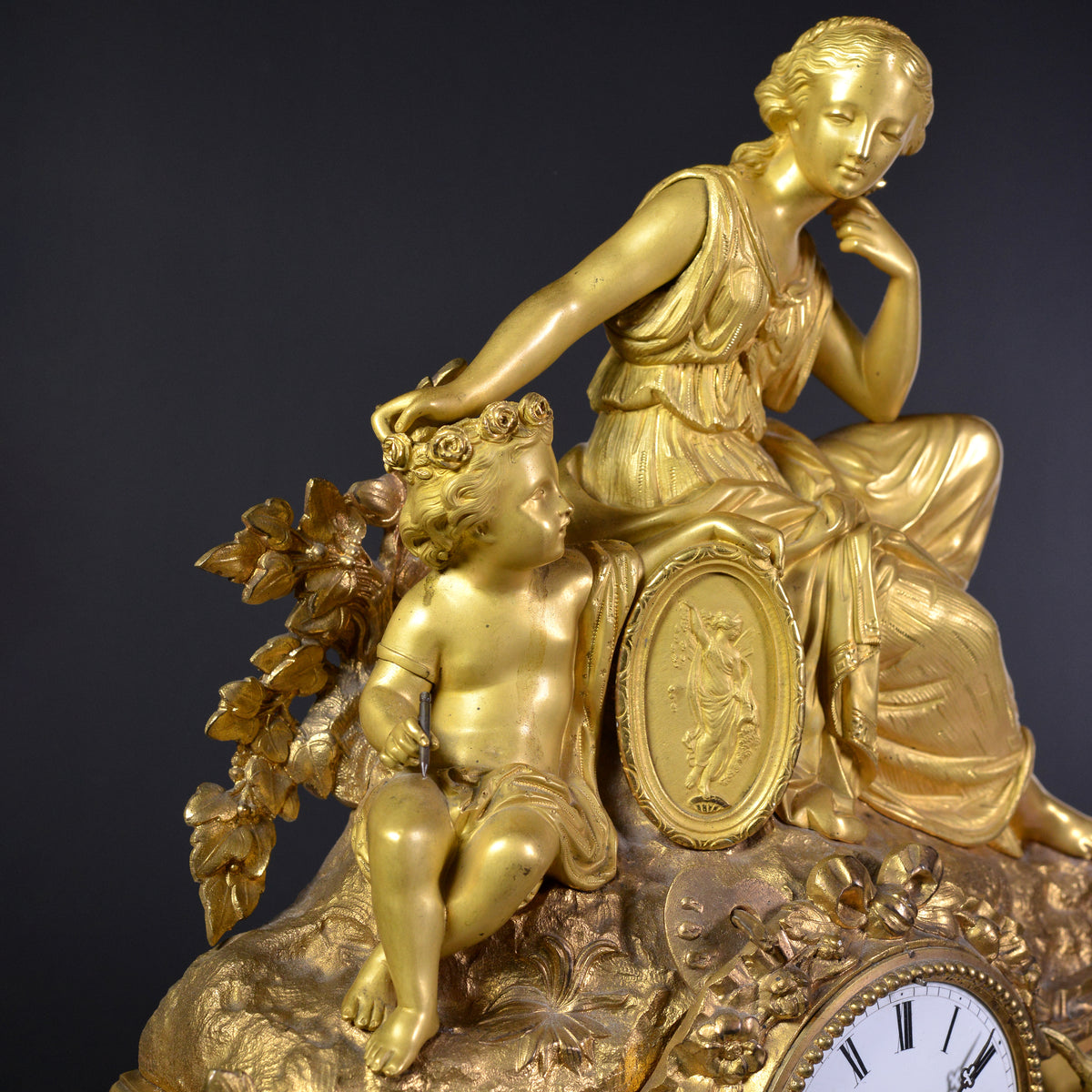 Big Louis XVI Antique Gilt Bronze Figural Clock 19th century Muse with Cherub