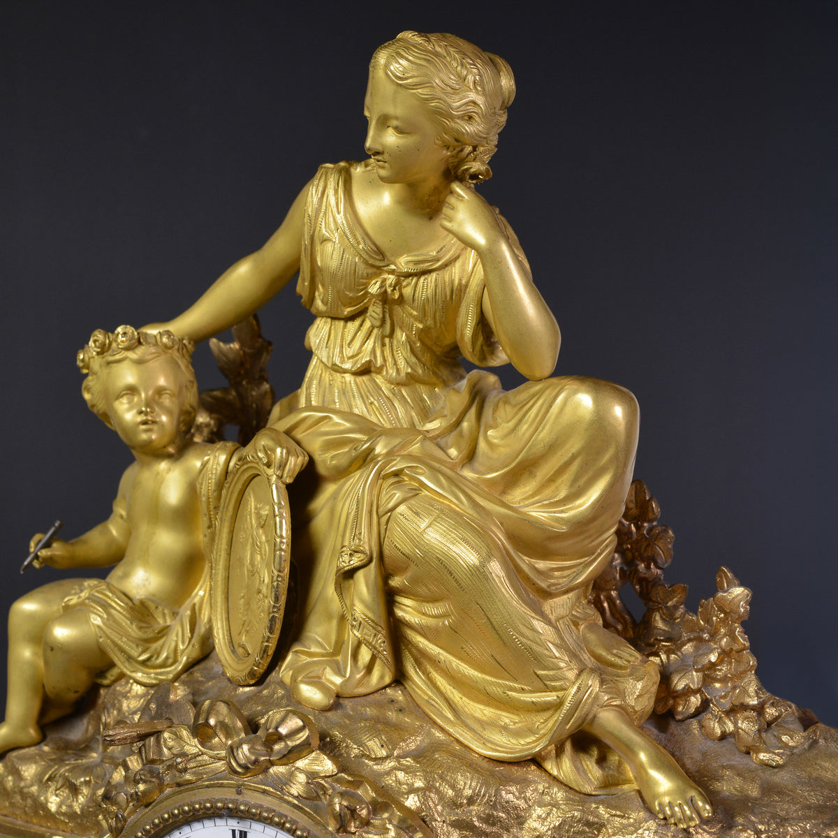 Big Louis XVI Antique Gilt Bronze Figural Clock 19th century Muse with Cherub