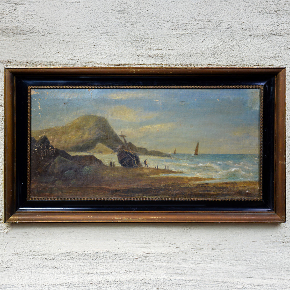 19th Century Maritime Oil Painting Shipwreck Low Tide British Seascape Framed