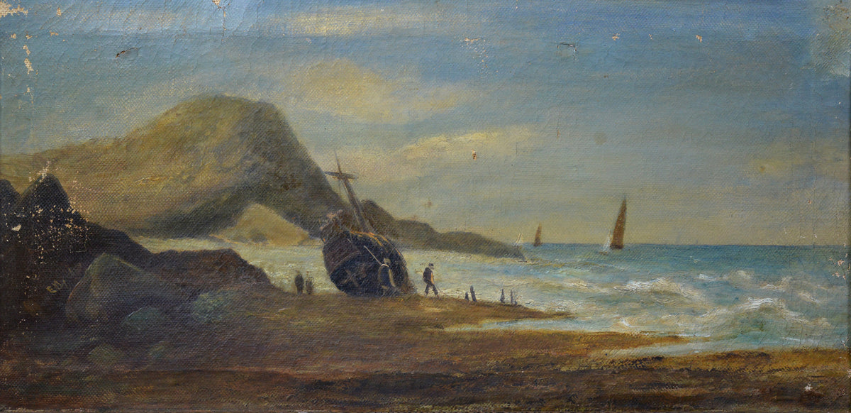 19th Century Maritime Oil Painting Shipwreck Low Tide British Seascape Framed