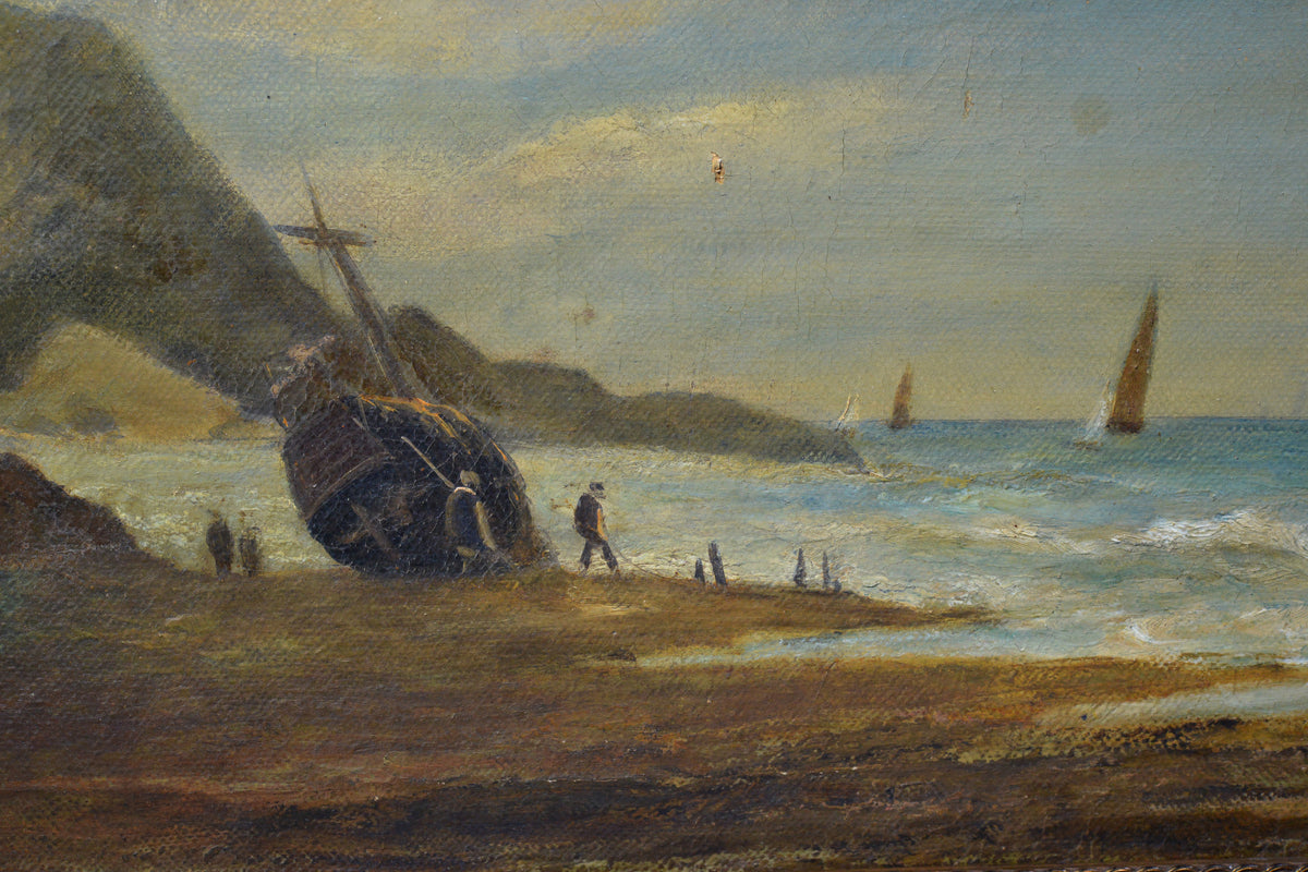 19th Century Maritime Oil Painting Shipwreck Low Tide British Seascape Framed