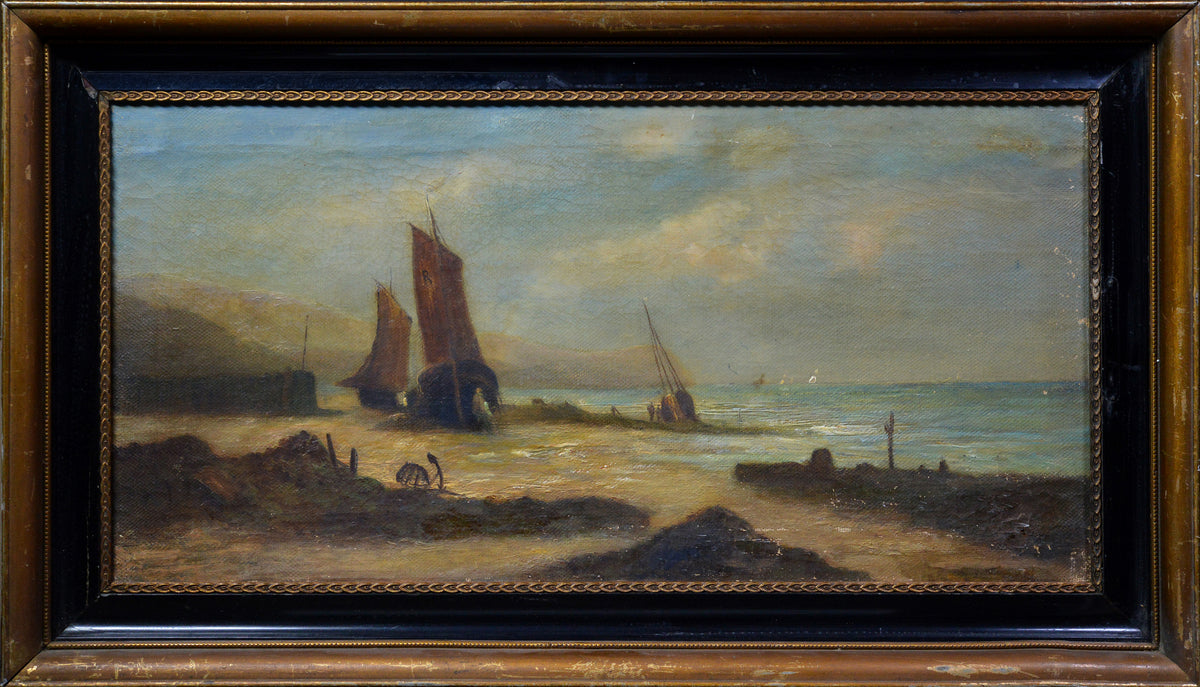 19th Century Maritime Oil Painting Panoramic Seascape Low Tide Fishing Vessels