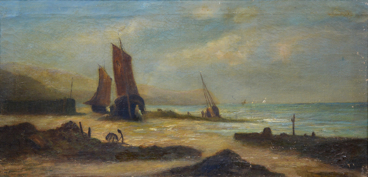19th Century Maritime Oil Painting Panoramic Seascape Low Tide Fishing Vessels