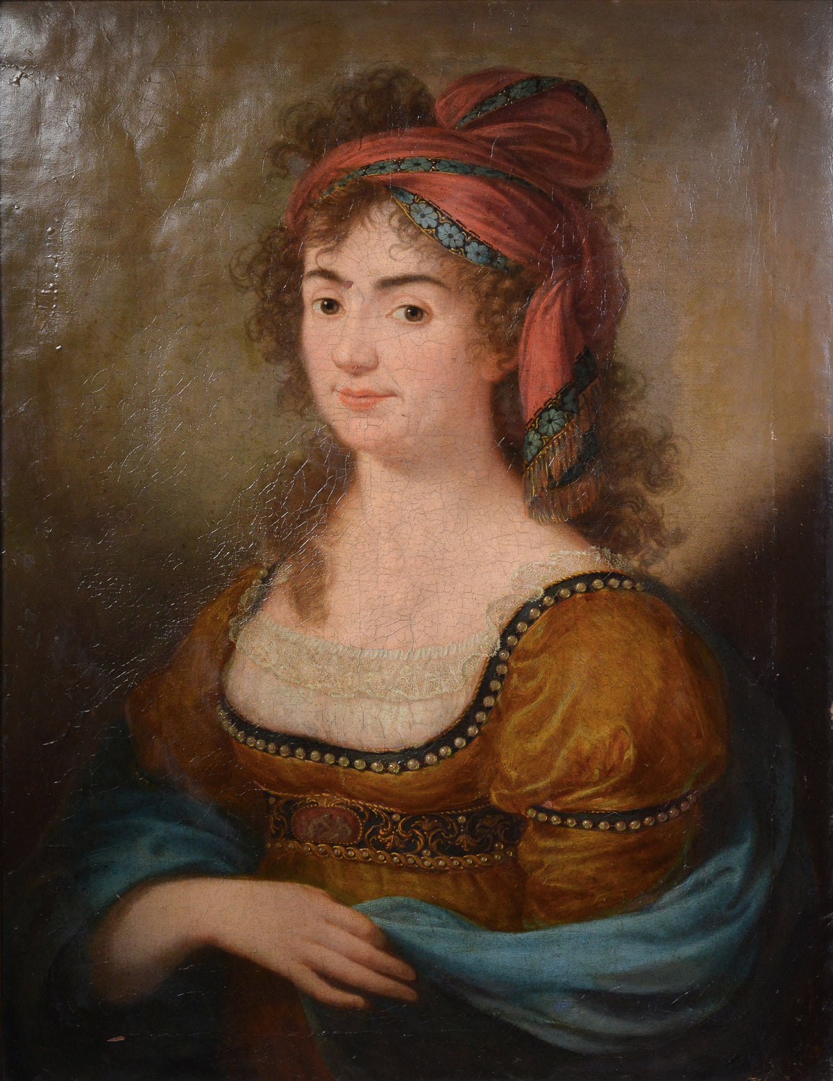 Antique 18th Century Neoclassical Oil Portrait Young Lady Turban Unknown Master