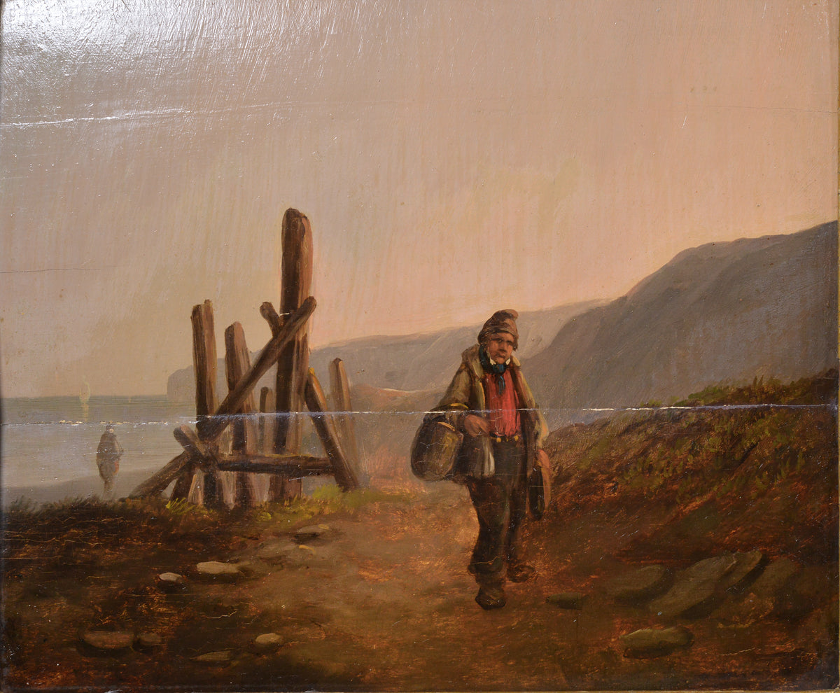 19th Century Oil on Wood Panel British Coastal Landscape Fisherman Distant Sails