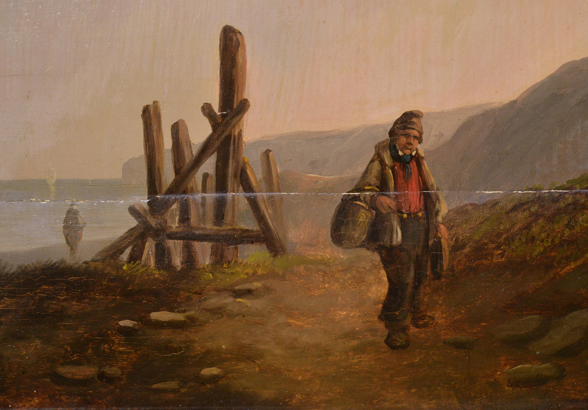 19th Century Oil on Wood Panel British Coastal Landscape Fisherman Distant Sails