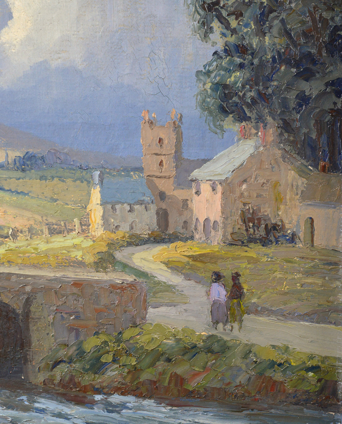 Vintage 1956 British Impressionist Landscape Oil Painting Stone Bridge River