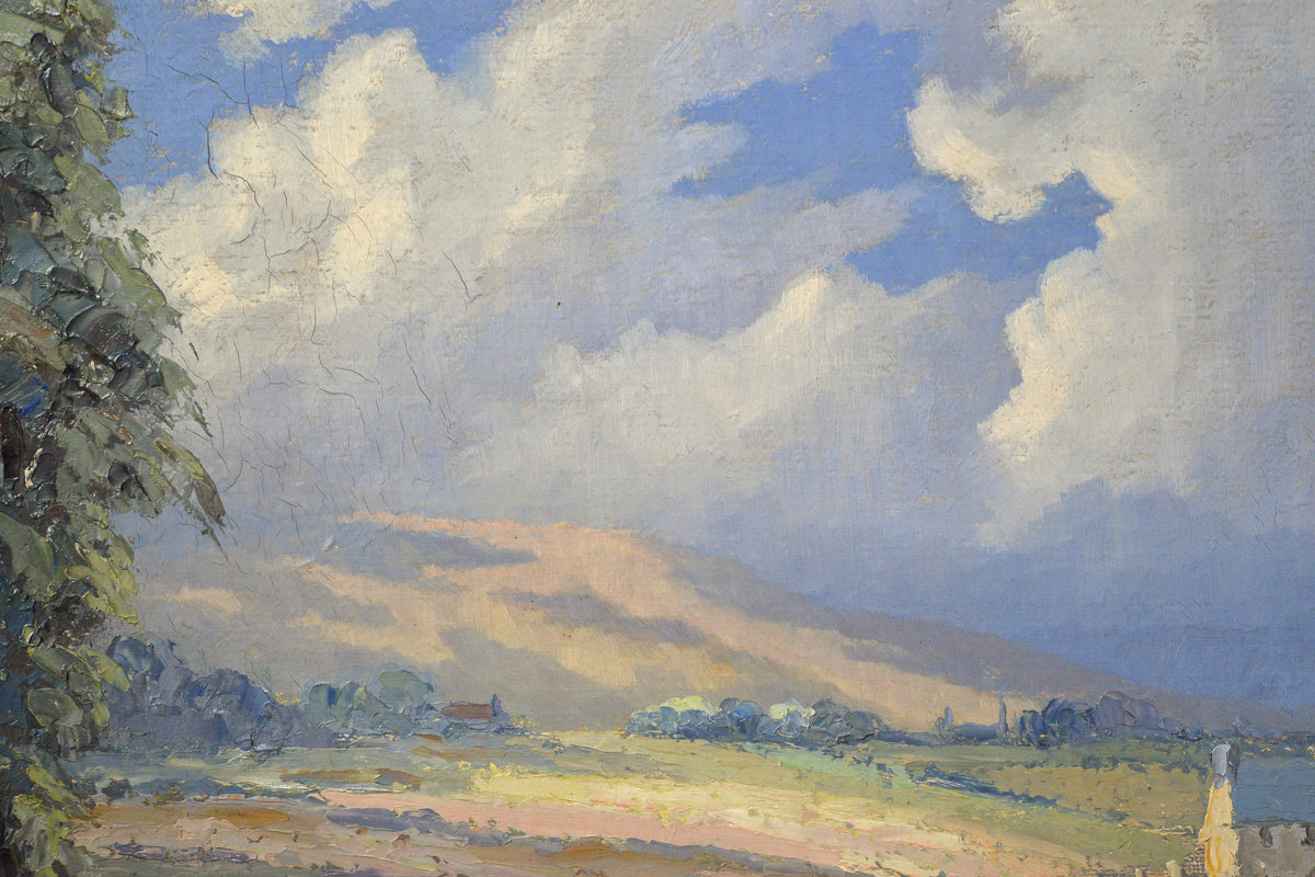 Vintage 1956 British Impressionist Landscape Oil Painting Stone Bridge River