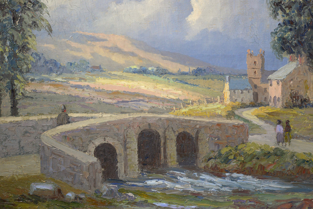 Vintage 1956 British Impressionist Landscape Oil Painting Stone Bridge River
