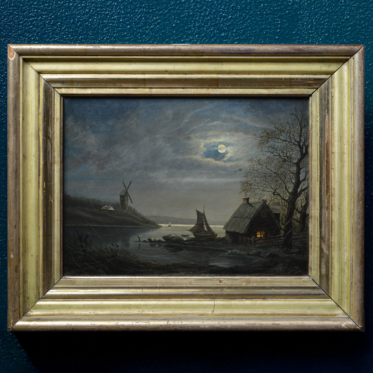 19th Century Antique Scandinavian Moonlit Night Landscape Fisherman Hut Windmill