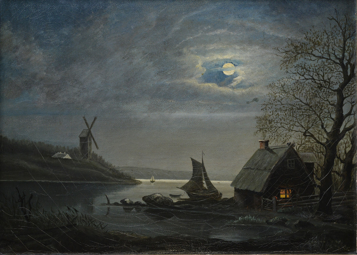 19th Century Antique Scandinavian Moonlit Night Landscape Fisherman Hut Windmill