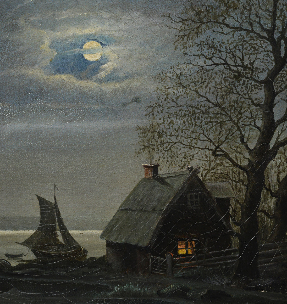 19th Century Antique Scandinavian Moonlit Night Landscape Fisherman Hut Windmill