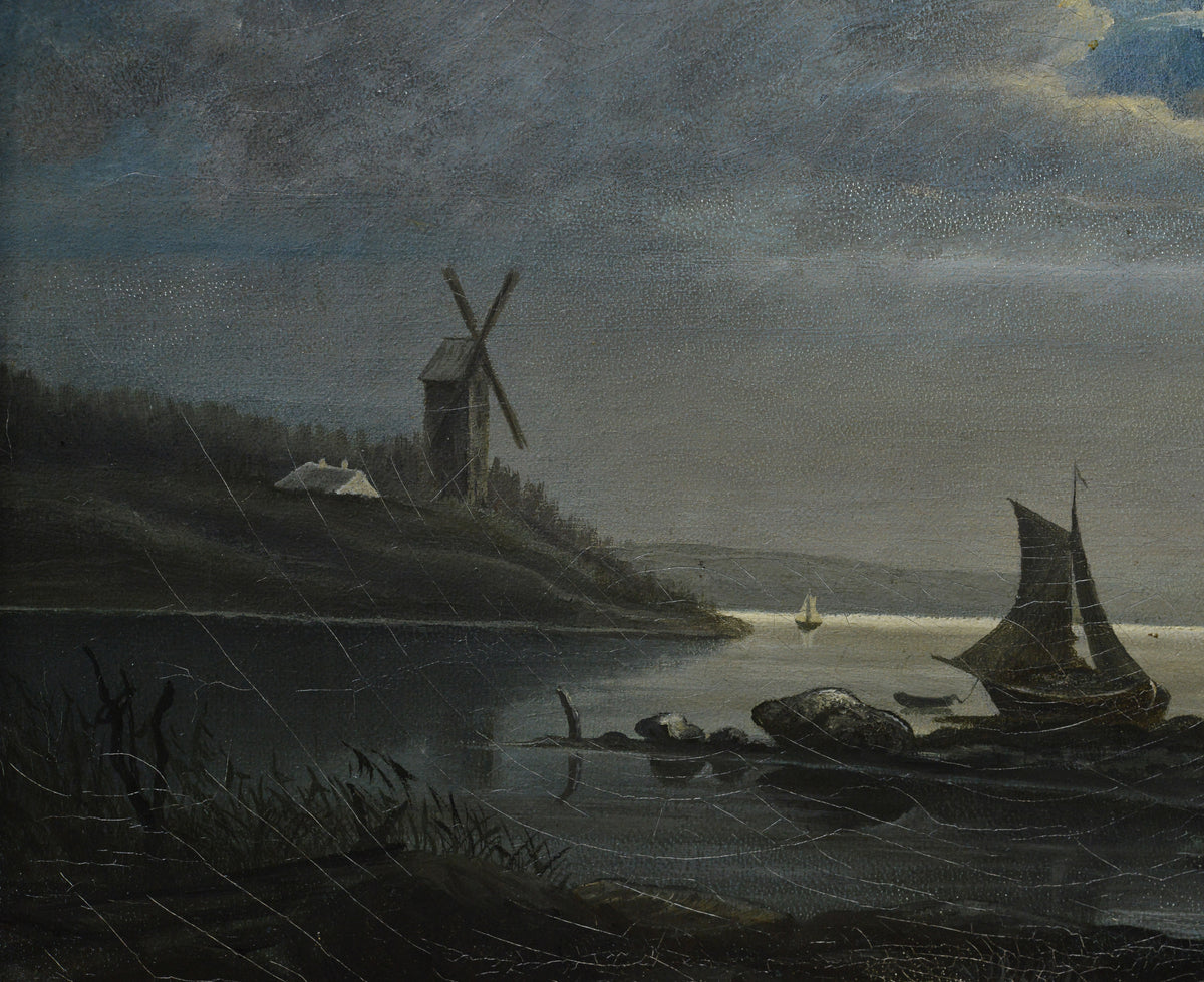 19th Century Antique Scandinavian Moonlit Night Landscape Fisherman Hut Windmill