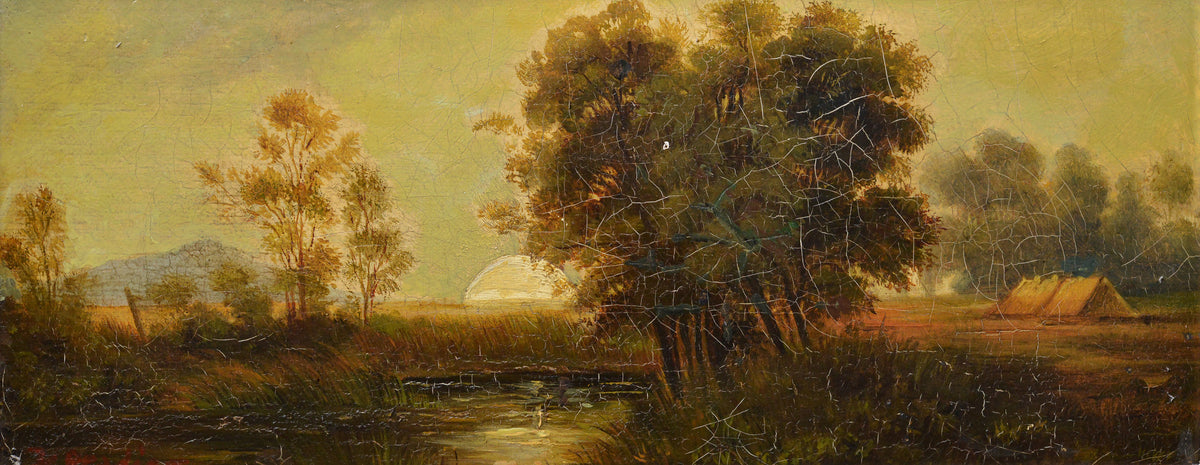 19th Century European Oil Painting Panoramic Landscape Sunrise with Pond Framed