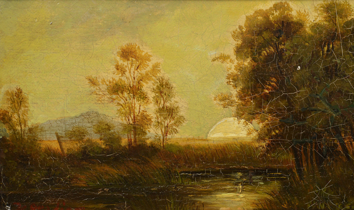 19th Century European Oil Painting Panoramic Landscape Sunrise with Pond Framed