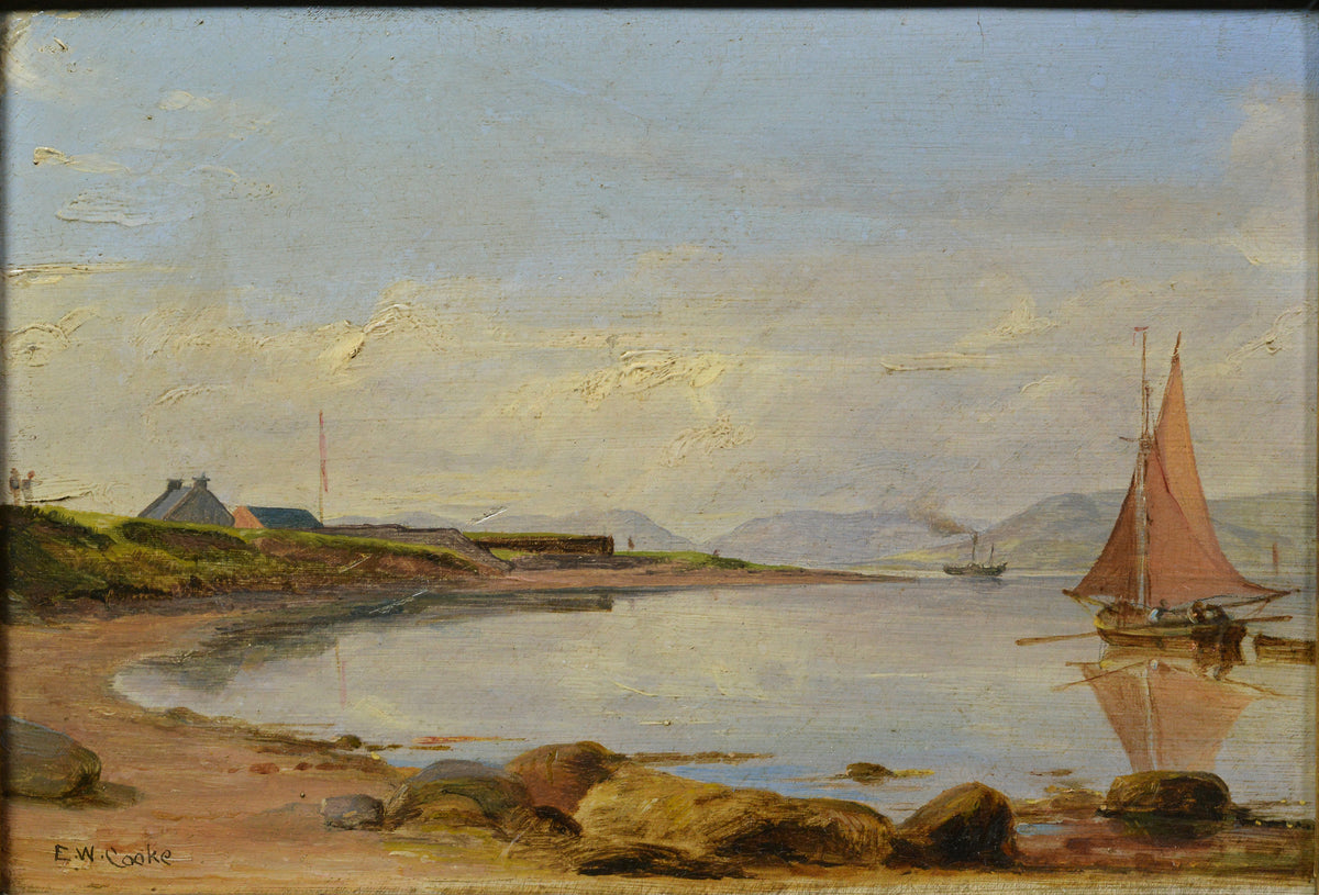 Calm Waters Coastal Landscape by Cooke well Framed Antique Oil Painting
