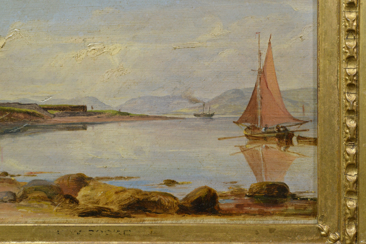Calm Waters Coastal Landscape by Cooke well Framed Antique Oil Painting