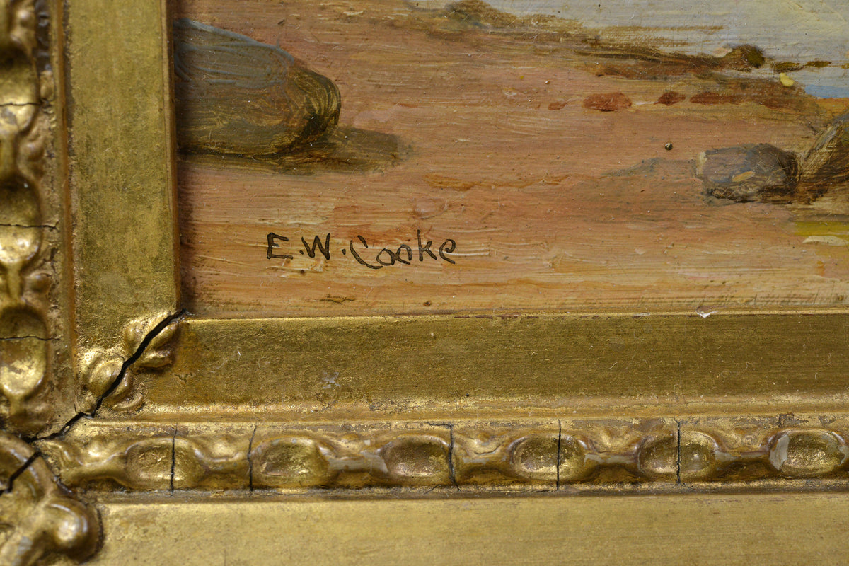 Calm Waters Coastal Landscape by Cooke well Framed Antique Oil Painting