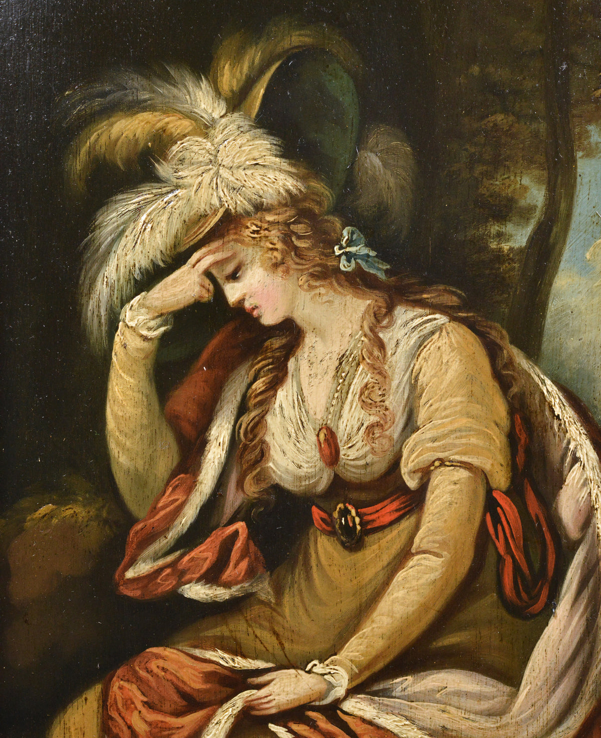 18th Century Oil on Panel Portrait of Noble Lady with Feathered Hat Signed Framed