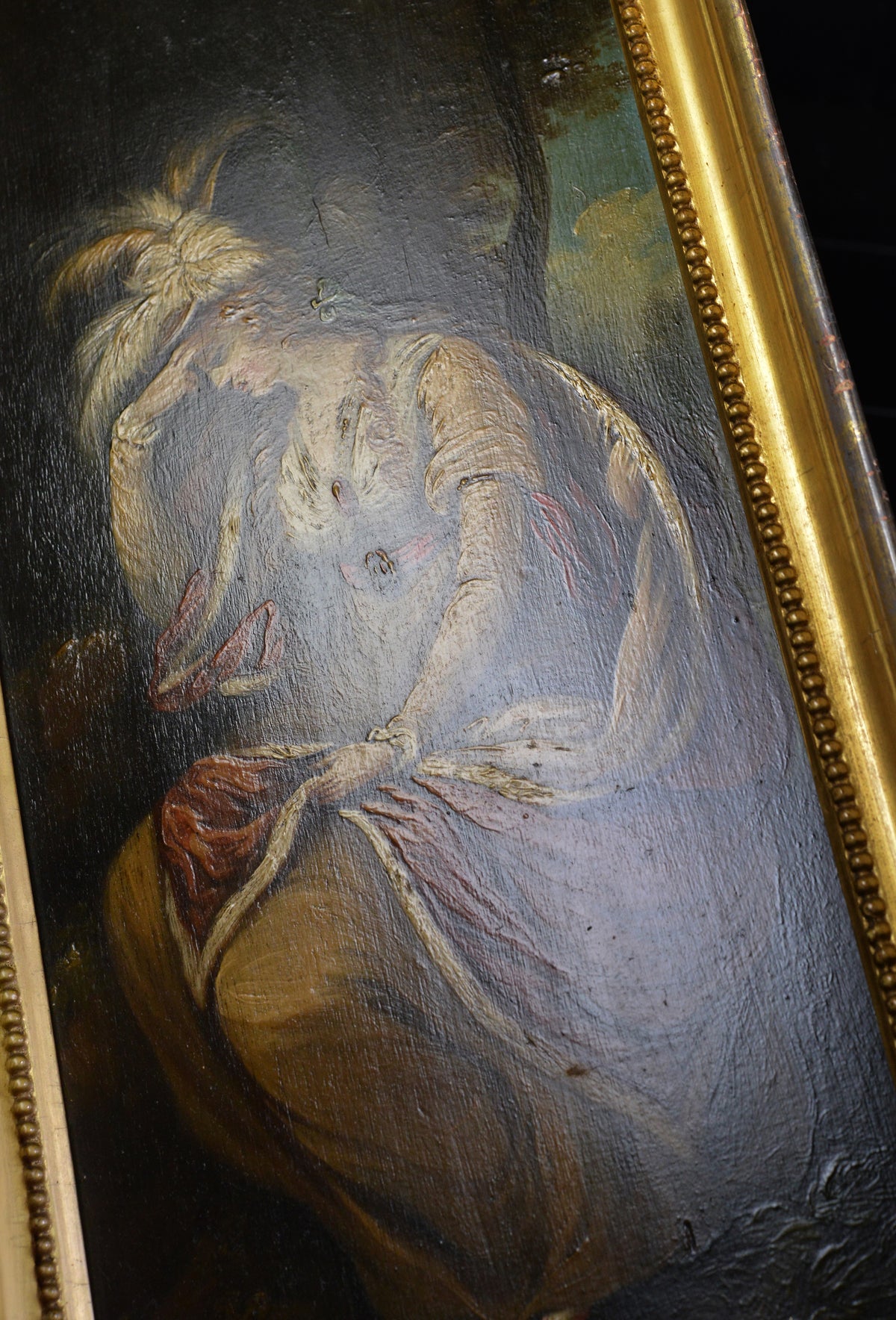 18th Century Oil on Panel Portrait of Noble Lady with Feathered Hat Signed Framed
