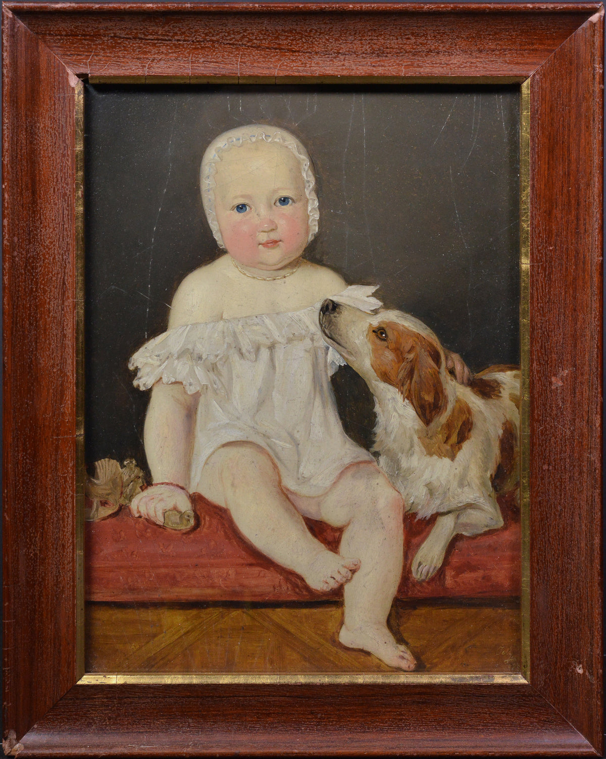 1838 Austrian Little Child with Dog Portrait C Jele Antique Oil Painting Framed