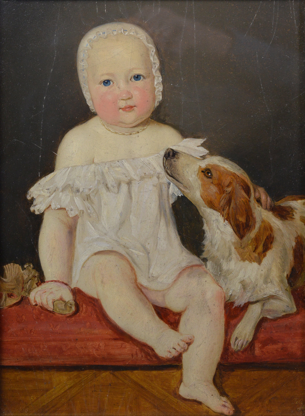 1838 Austrian Little Child with Dog Portrait C Jele Antique Oil Painting Framed