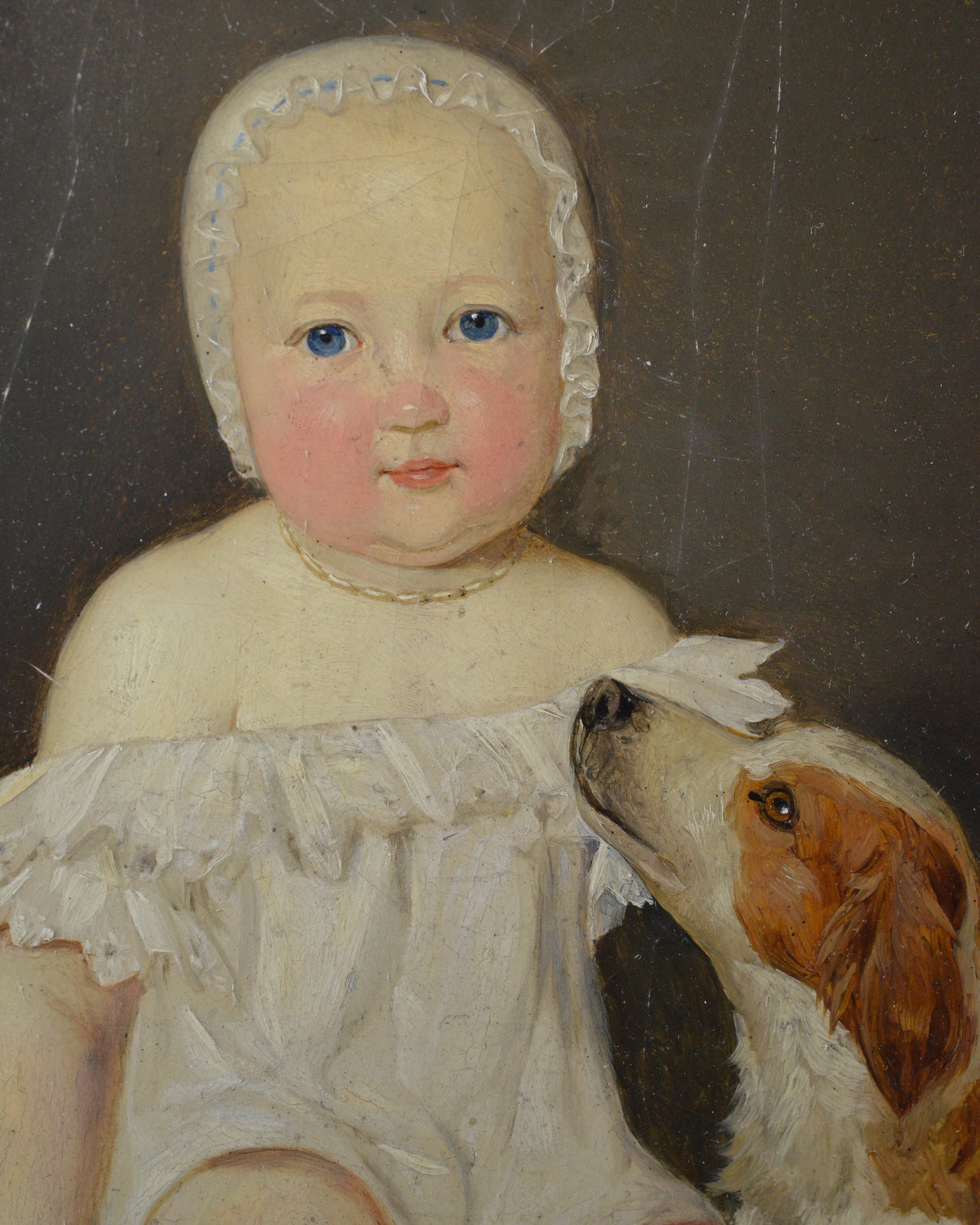 1838 Austrian Little Child with Dog Portrait C Jele Antique Oil Painting Framed