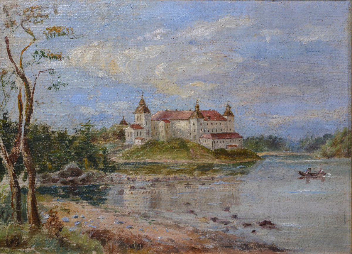 19th Century Antique Oil Painting Castle on Hill Lake Boat Figures Gilt Frame
