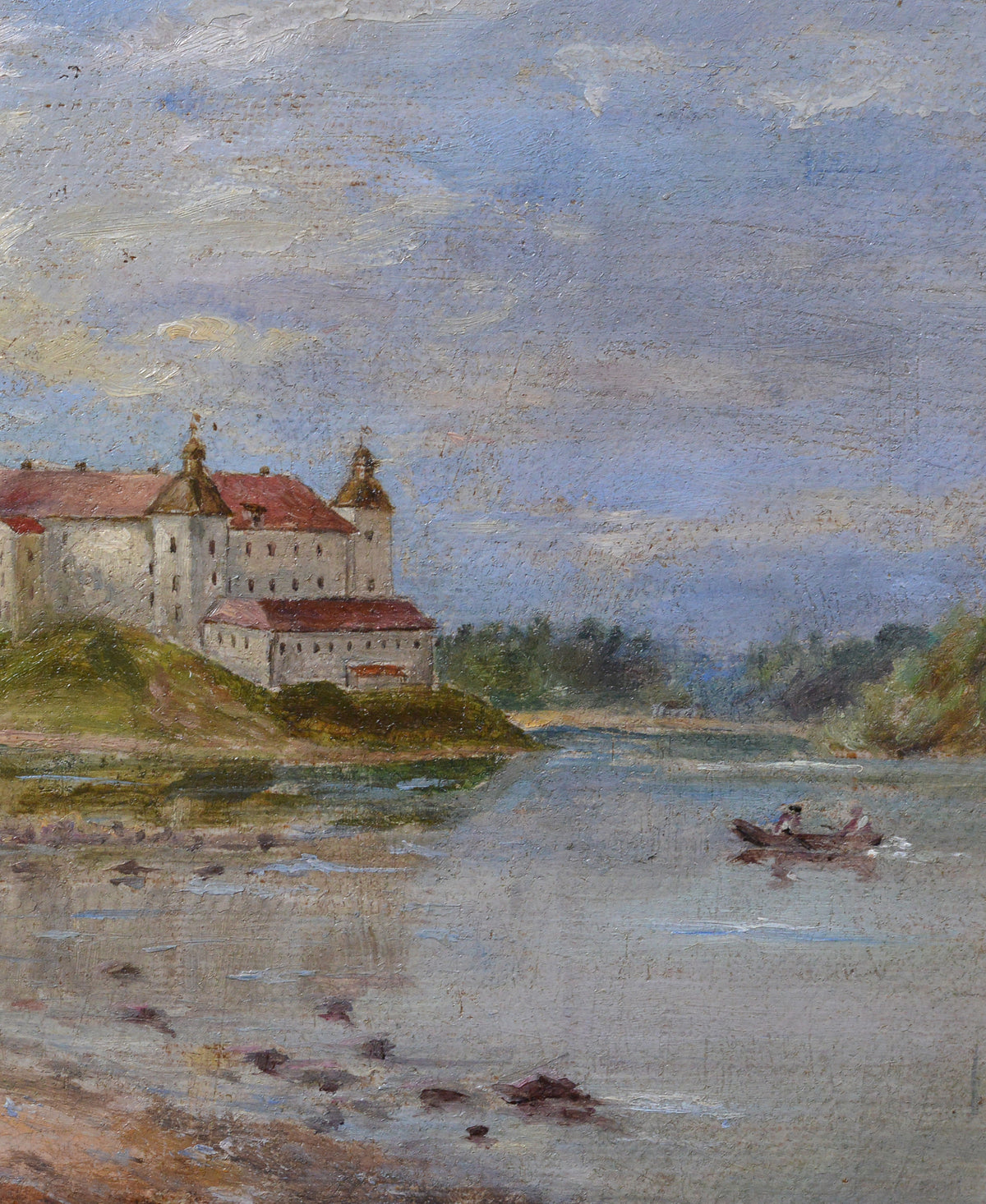 19th Century Antique Oil Painting Castle on Hill Lake Boat Figures Gilt Frame