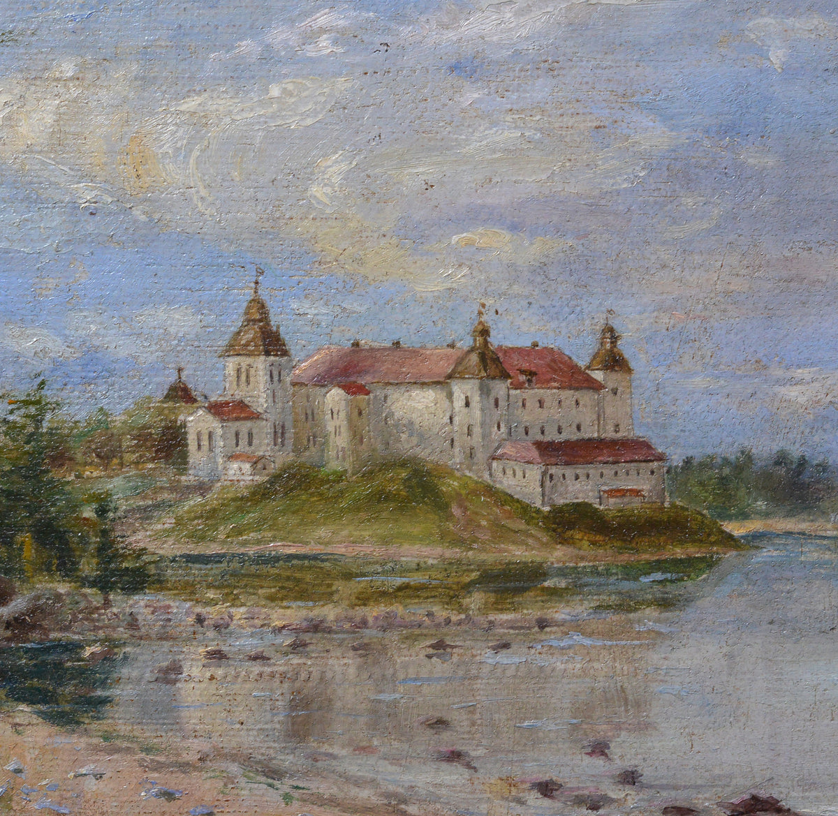 19th Century Antique Oil Painting Castle on Hill Lake Boat Figures Gilt Frame