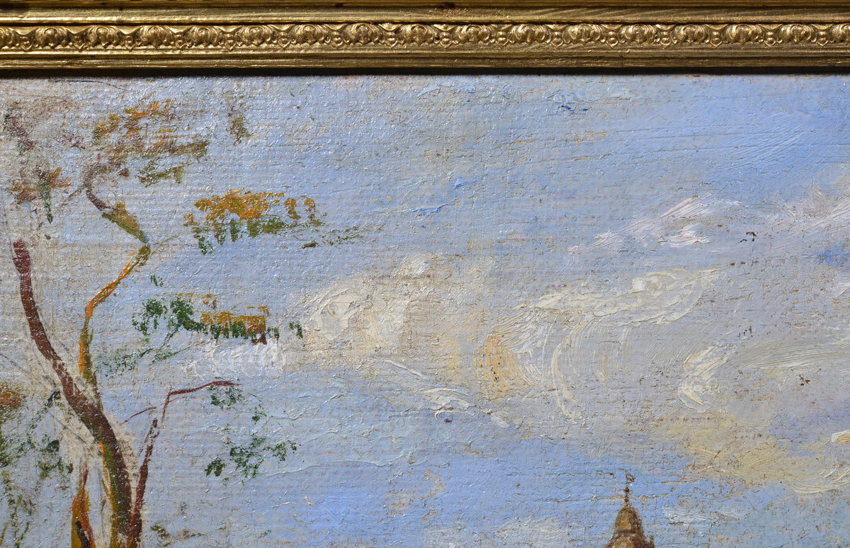 19th Century Antique Oil Painting Castle on Hill Lake Boat Figures Gilt Frame