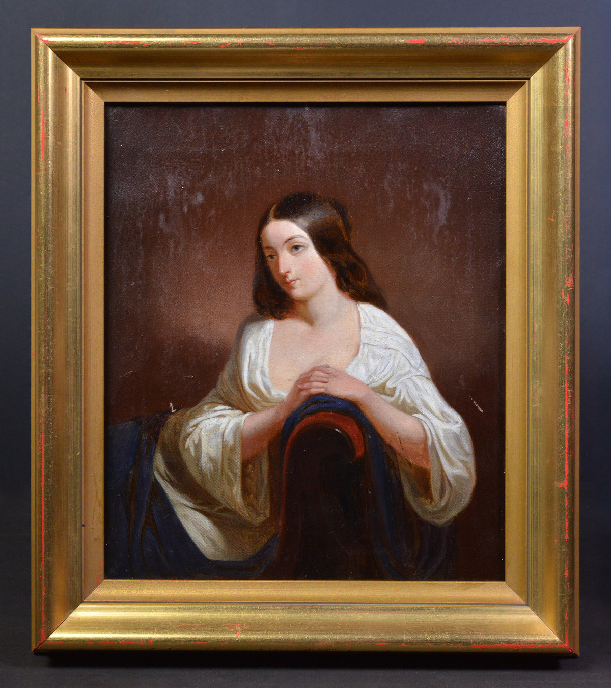 19th Century Neoclassical Oil Painting Romantic Portrait Lady Leaning on Sofa